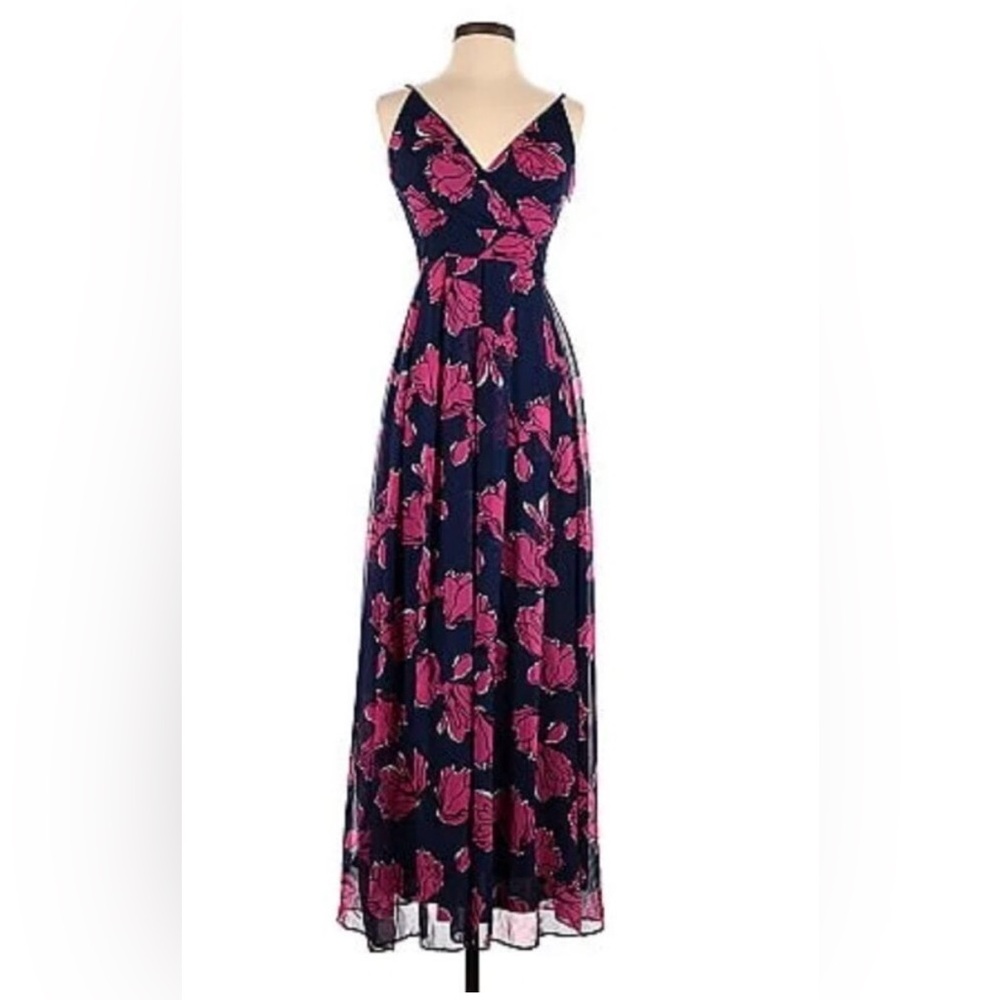 Navy Maxi Dress with Bright Pink Floral Print